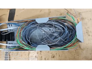Fiber optic cables in a storage tray.